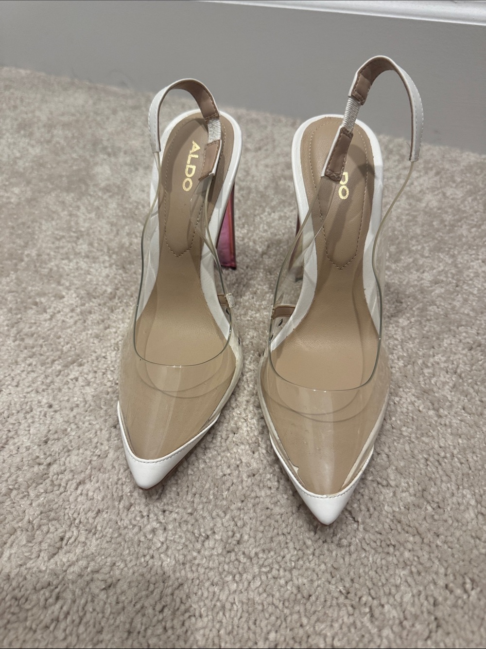 ALDO White and Pink-Tinted Clear Pointed Slingback Heels